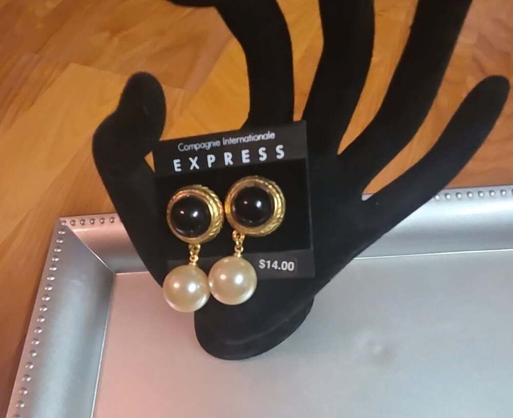 Compagnie Internationale Express Black and Gold Pearl Dangle Earrings